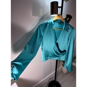 Zara satin wrap top teal 80s glam loose fit xs flowy smooth comfort night out